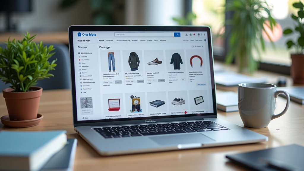 Ordinateur portable avec interface d'e-commerce affichant un catalogue de produits, vue de haut d'un espace de travail moderne