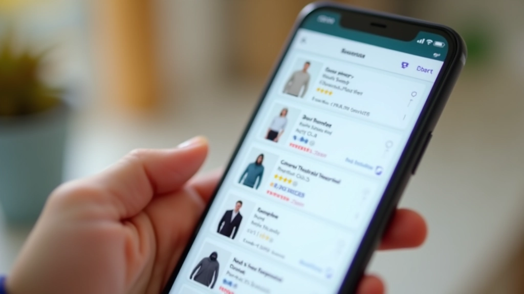 Écran de téléphone montrant une application de marketplace avec plusieurs produits en vente et évaluations clients