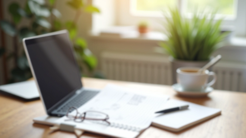 Ordinateur portable ouvert sur un bureau avec cahier et café, travail en freelance à domicile